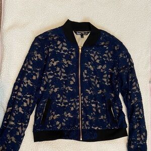 Blue Bomber Jacket with Lace Overlay